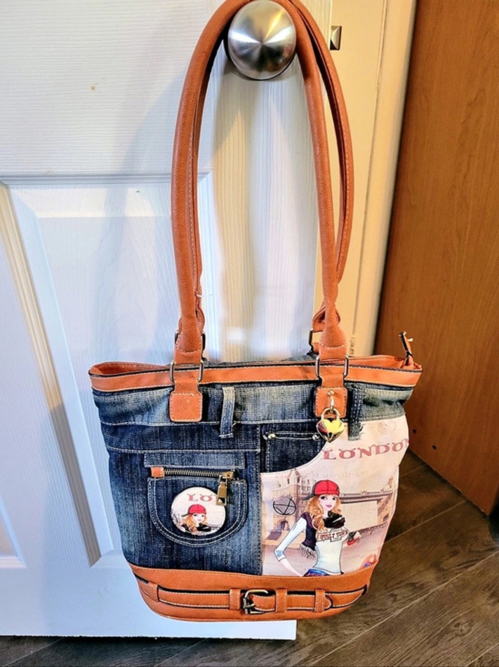 Denim Patchwork Shoulder Bag in Blue & Brow